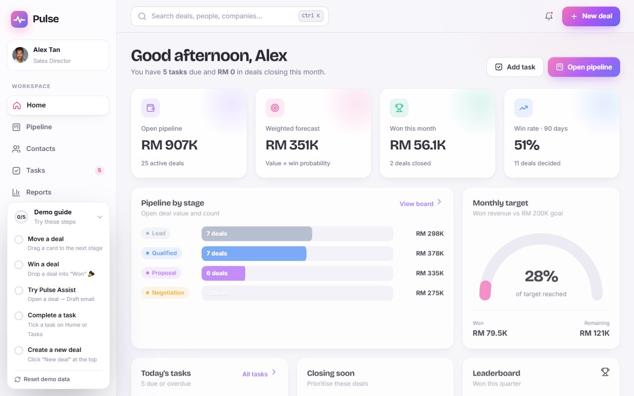 Pulse CRM live demo screen